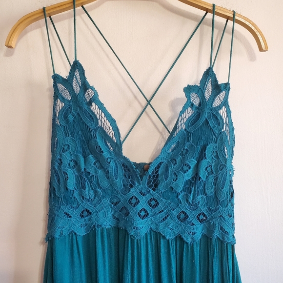 Free People Adella turquoise Slip Lace trim Dress Size S Asymmetric Boho Fairy - Picture 3 of 16